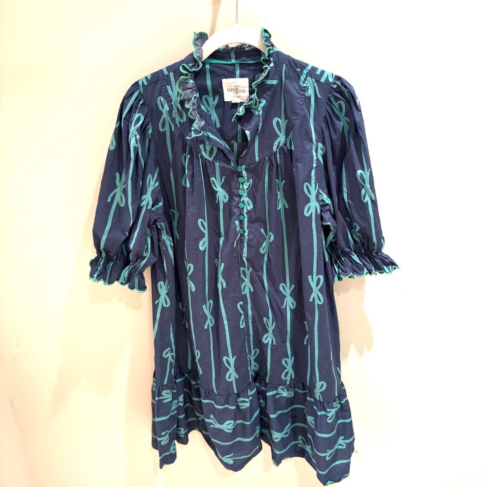 umgee navy‎ blue green bow print tiered ruffle dress size L